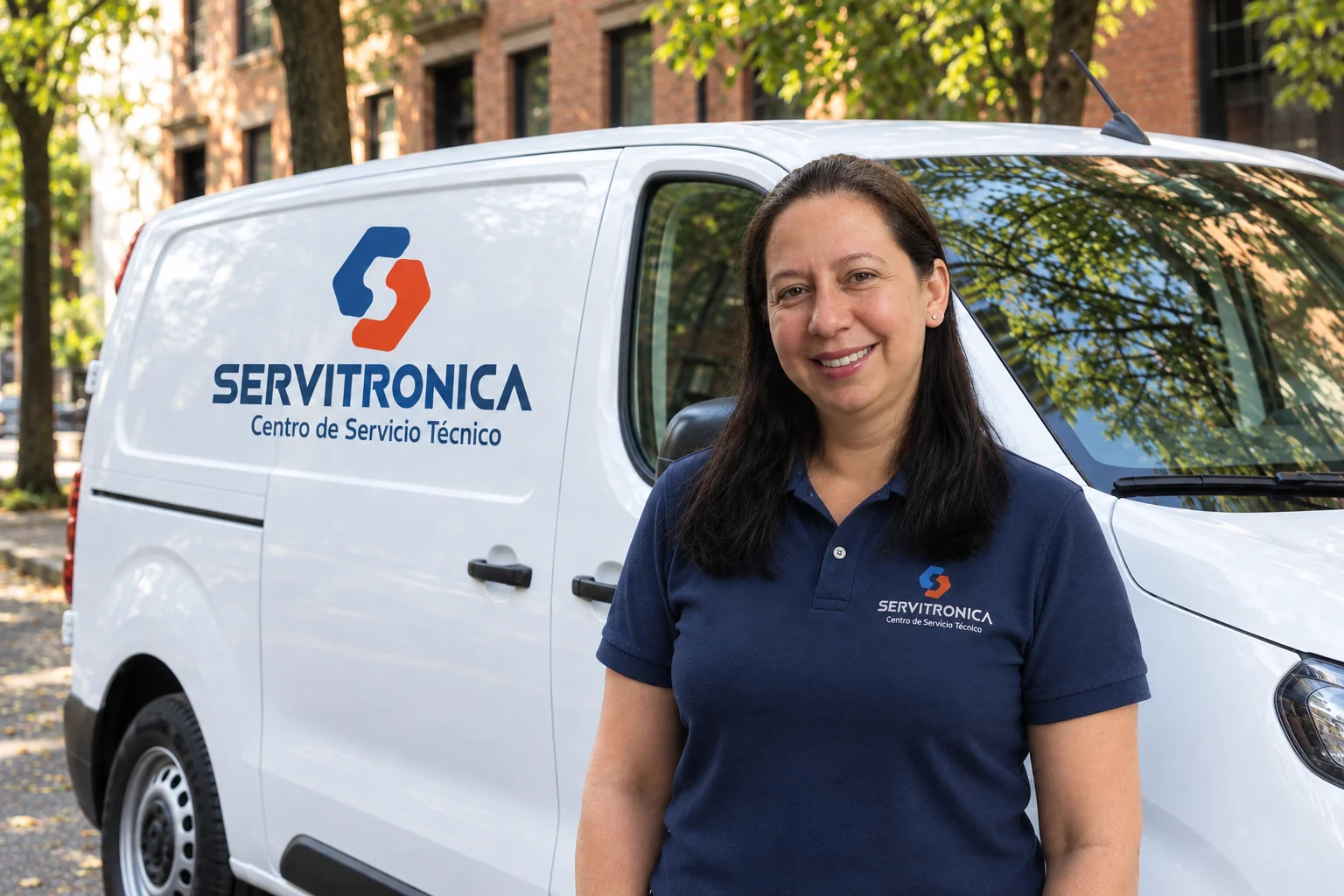 Técnica de Servitrónica sonriendo junto a la camioneta de servicio de la empresa