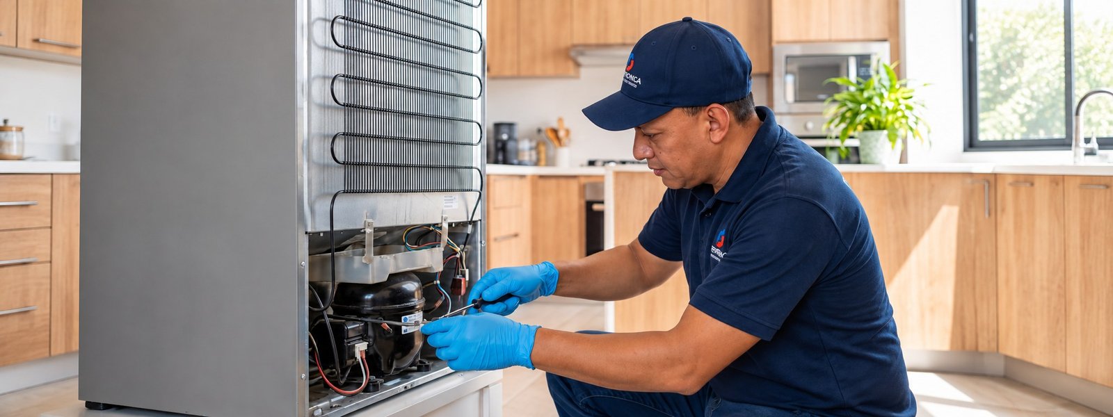Técnico de Servitrónica reparando el compresor y las bobinas de una nevera