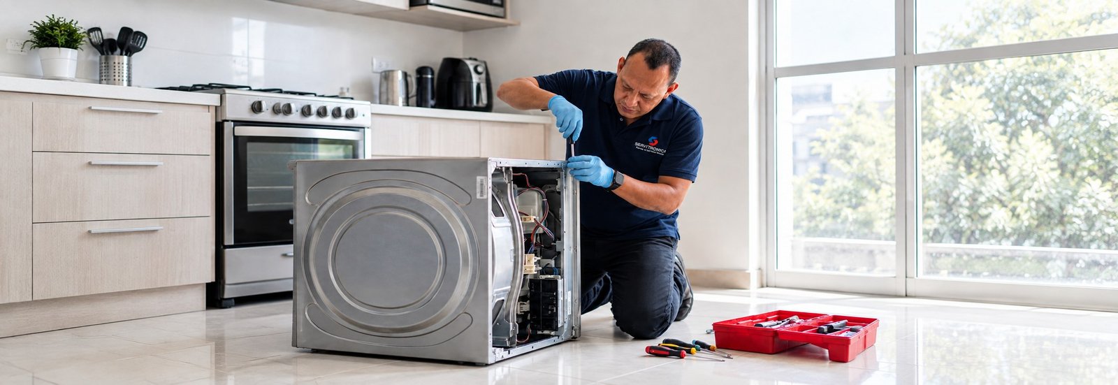 Técnico de Servitrónica reparando un electrodoméstico en una cocina, foto panorámica