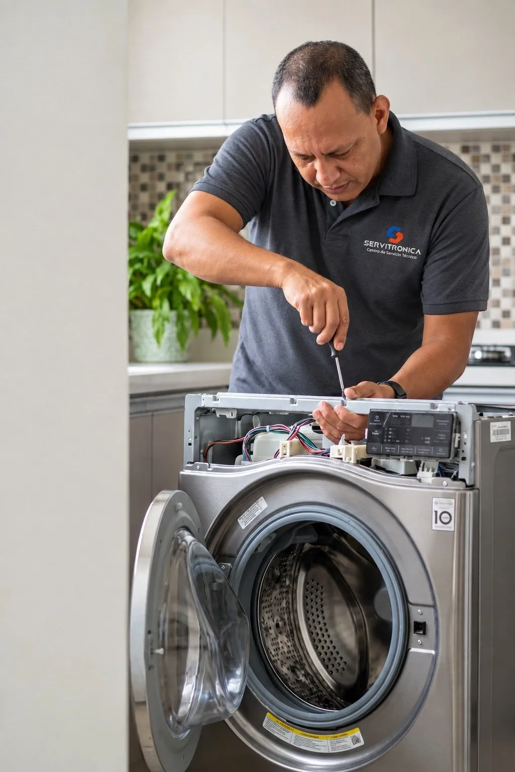 Técnico de Servitrónica reparando una lavadora LG